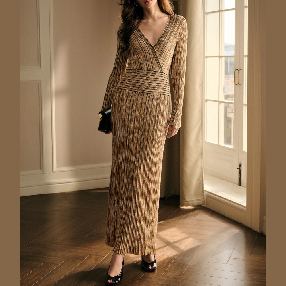 Space-Dyed Ribbed Knit Sweater Maxi Dress with Surplice V Neck - Picture 1 of 9